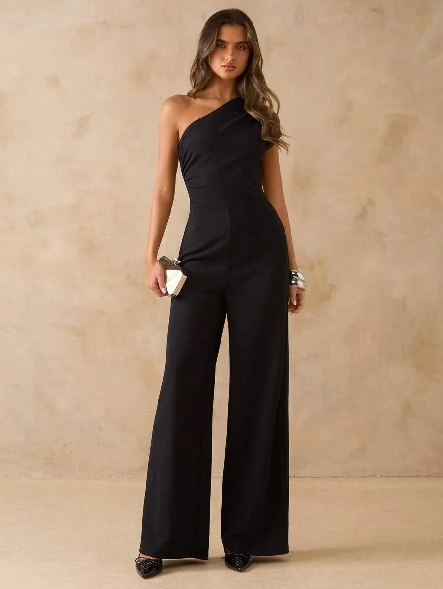 NORI - Asymmetrical One Shoulder Wide Leg Jumpsuit maxi dress Black