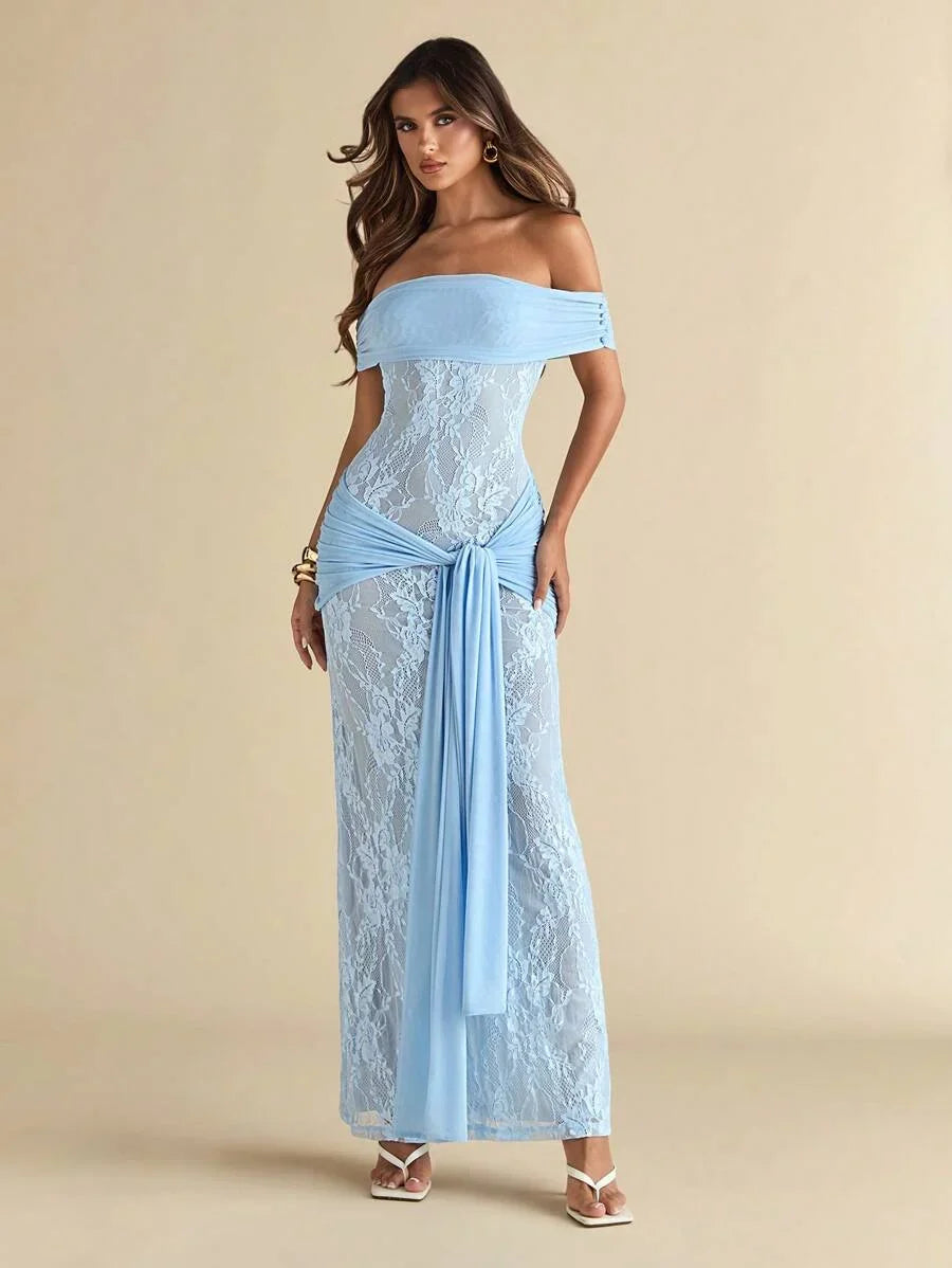 AZURÉ LACE – Off-Shoulder Elegance Maxi Dress