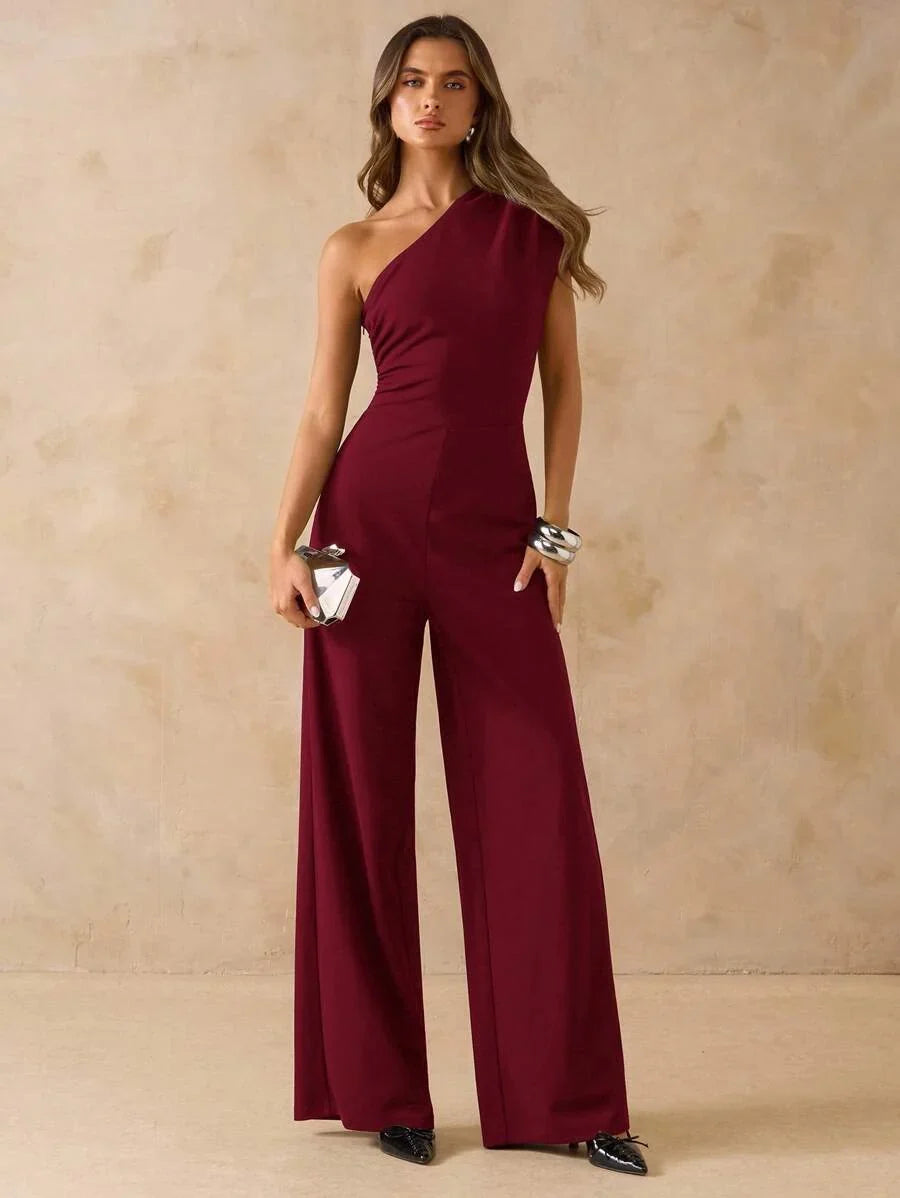 NORI - Asymmetrical One Shoulder Wide Leg Jumpsuit maxi dress Burgundy