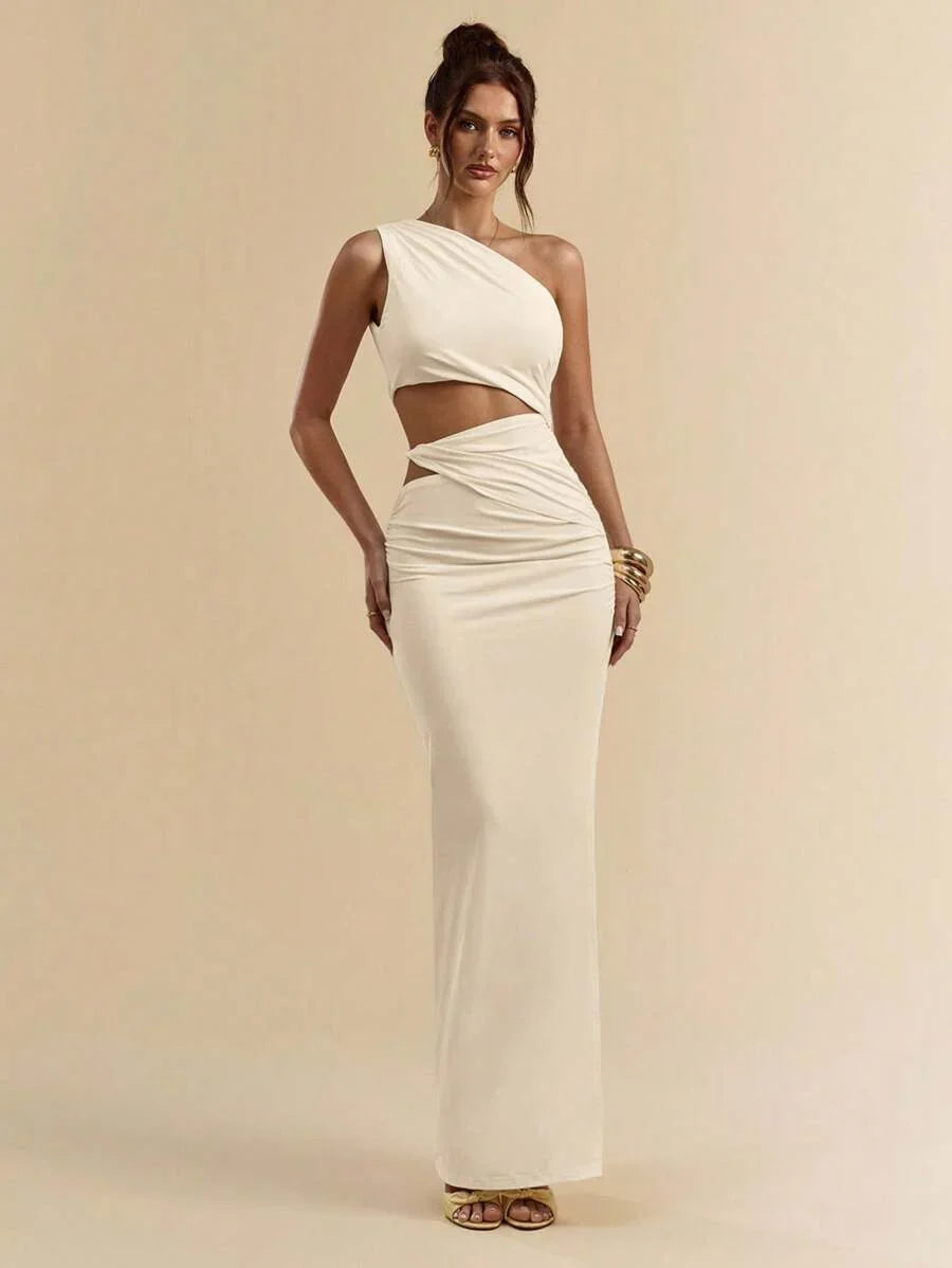 SVELTO - Asymmetric Bodycon Maxi Dress with High Slit Apricot