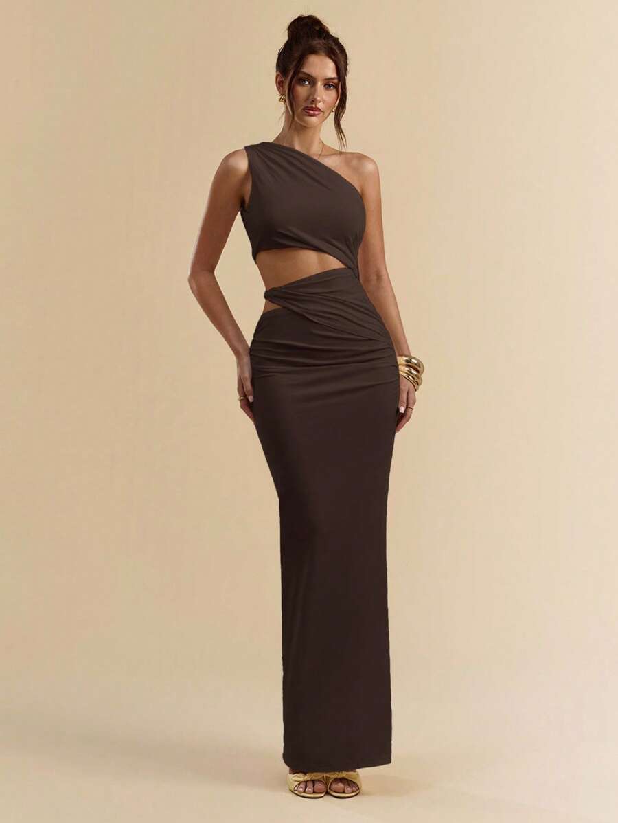 SVELTO - Asymmetric Bodycon Maxi Dress with High Slit Coffee Brown