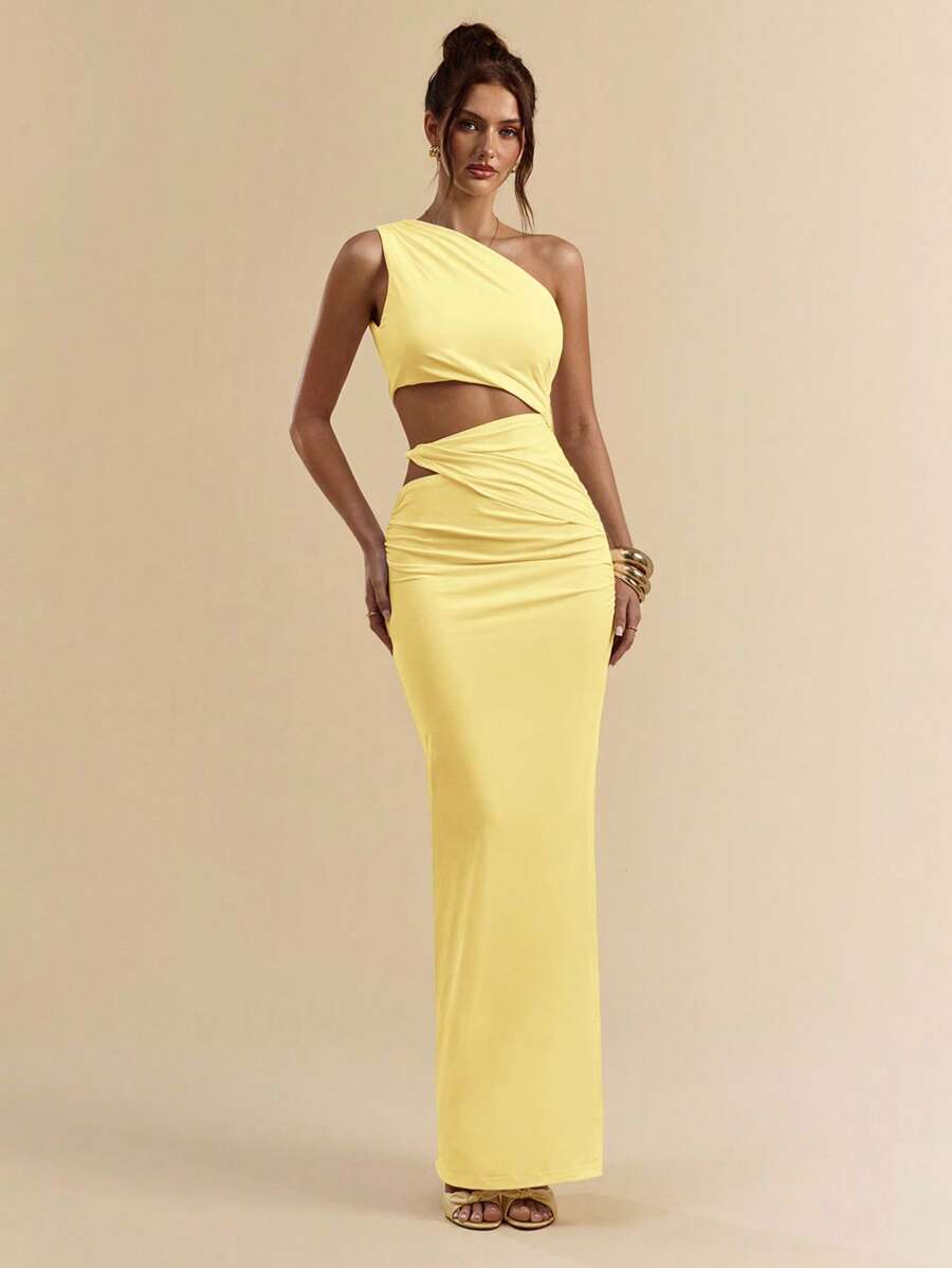 SVELTO - Asymmetric Bodycon Maxi Dress with High Slit Yellow