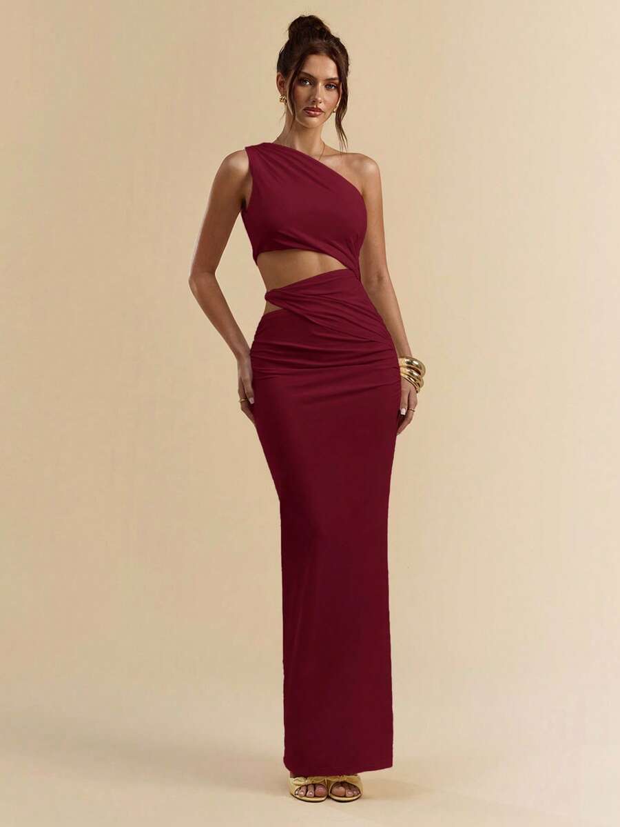 SVELTO - Asymmetric Bodycon Maxi Dress with High Slit Burgundy