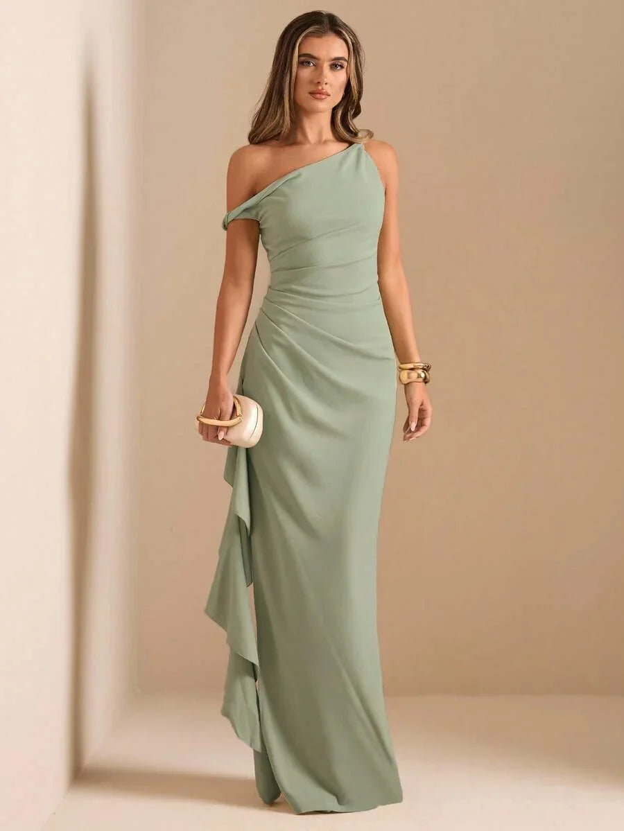 ROUELLE - One Shoulder Ruched Maxi Dress Green