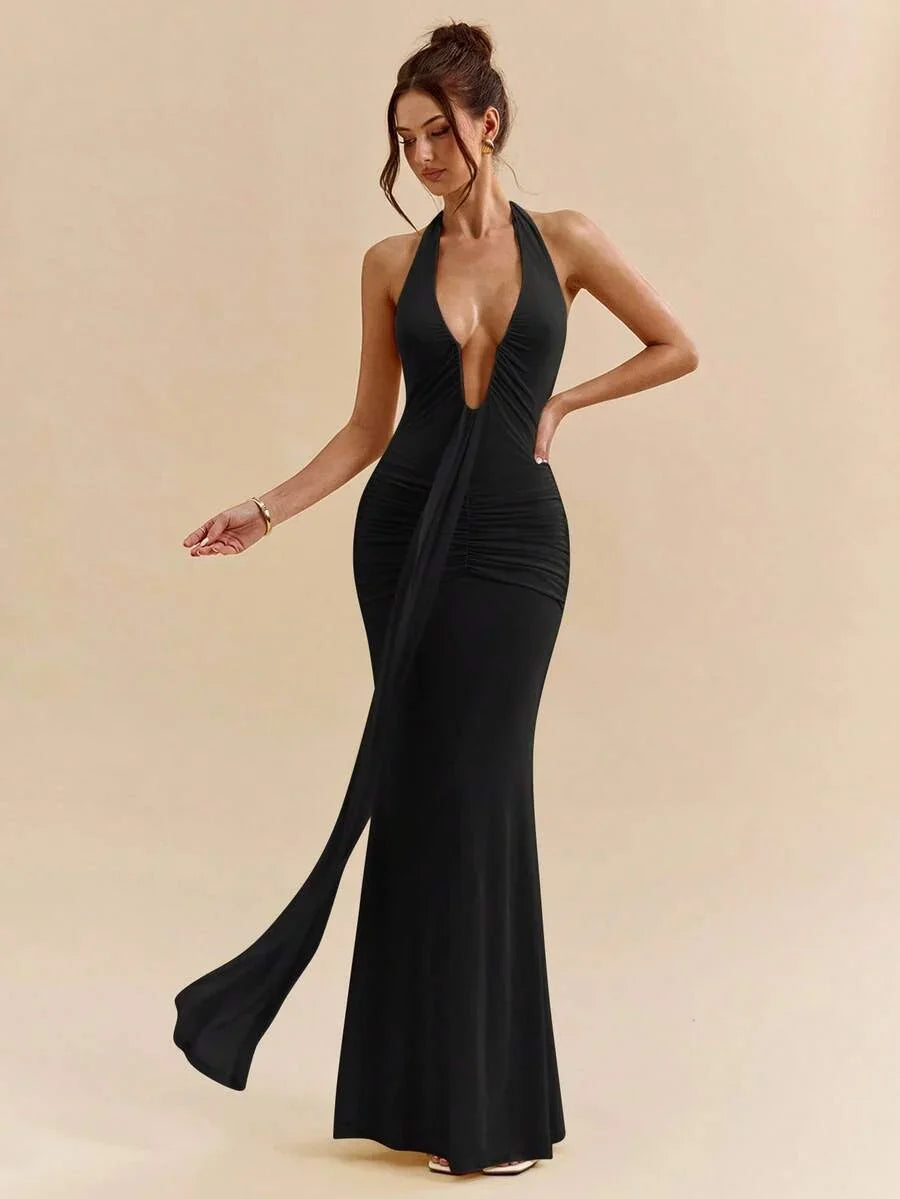 LUMÉA - Deep V Neck Halter Bodycon Maxi Dress Black