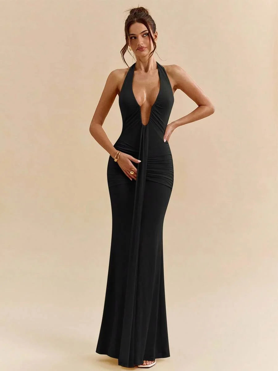 LUMÉA - Deep V Neck Halter Bodycon Maxi Dress