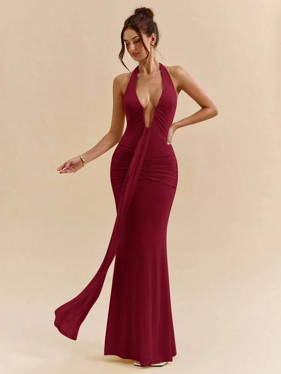 LUMÉA - Deep V Neck Halter Bodycon Maxi Dress Burgundy