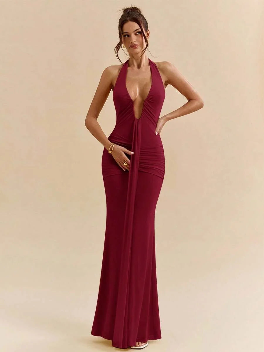 LUMÉA - Deep V Neck Halter Bodycon Maxi Dress