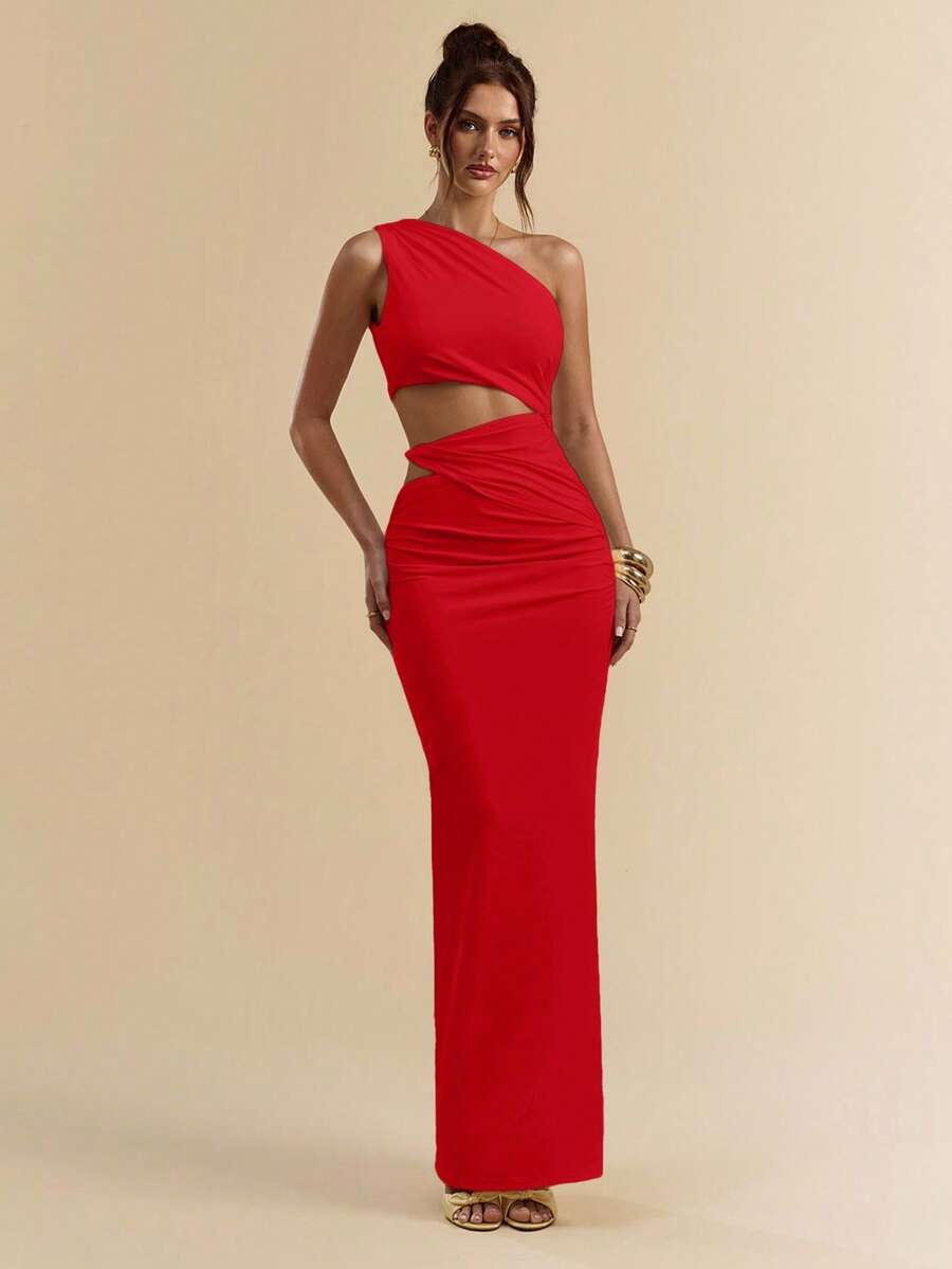 SVELTO - Asymmetric Bodycon Maxi Dress with High Slit Red