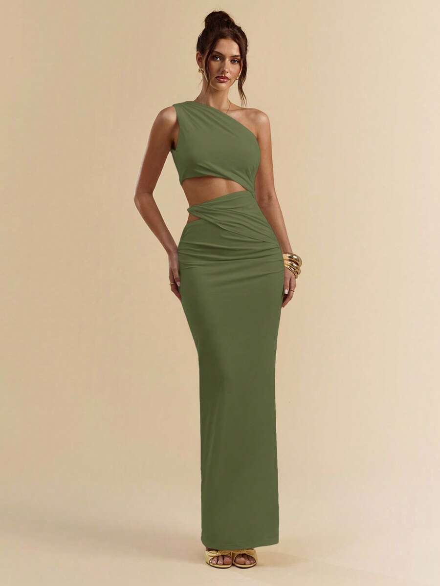 SVELTO - Asymmetric Bodycon Maxi Dress with High Slit Army Green