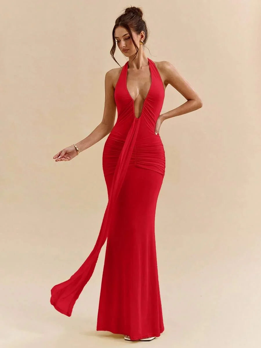 LUMÉA - Deep V Neck Halter Bodycon Maxi Dress Red