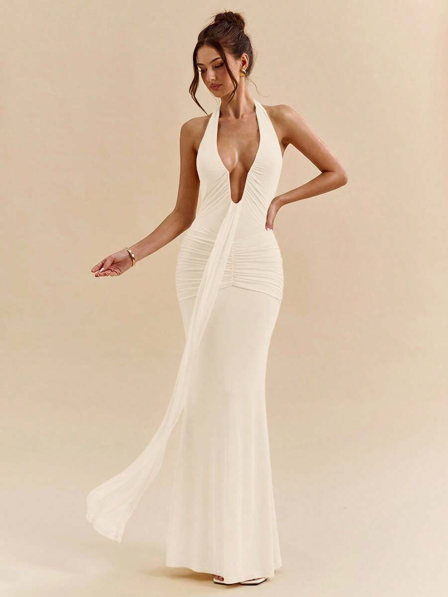 LUMÉA - Deep V Neck Halter Bodycon Maxi Dress Apricot