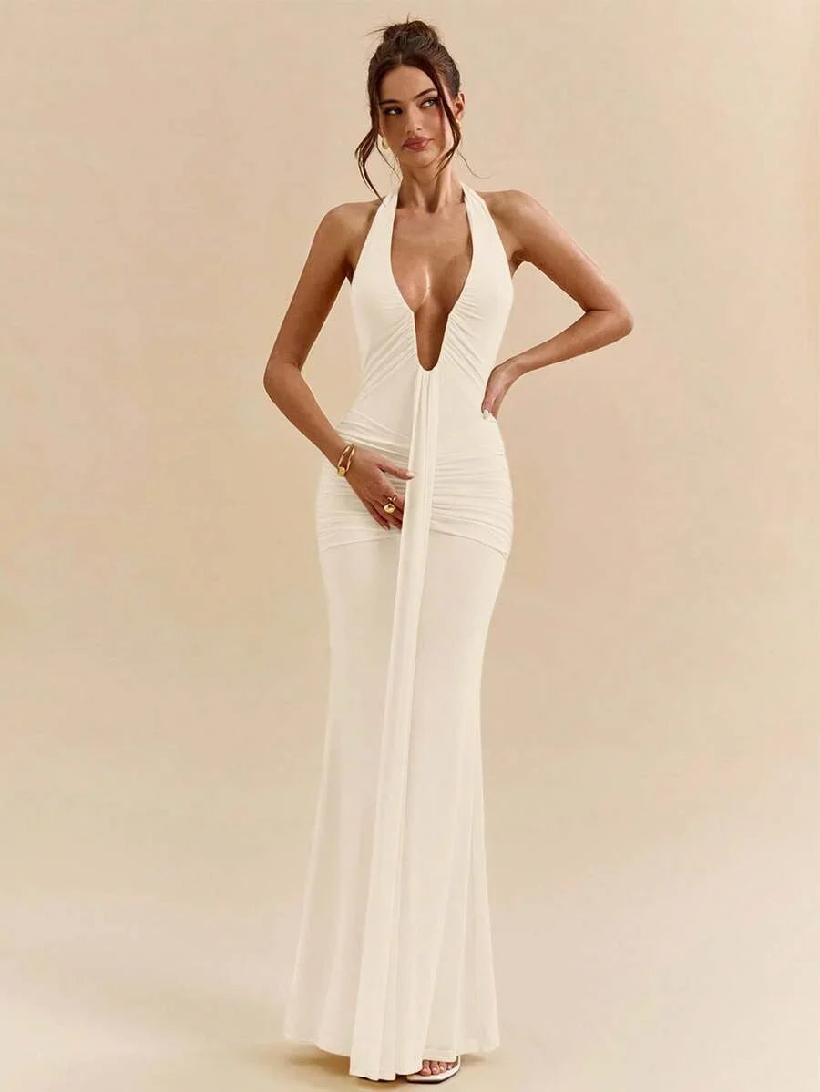 LUMÉA - Deep V Neck Halter Bodycon Maxi Dress