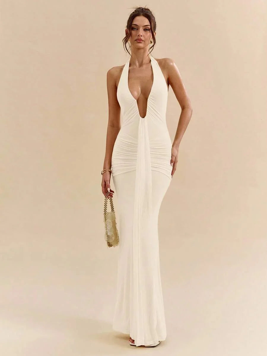 LUMÉA - Deep V Neck Halter Bodycon Maxi Dress