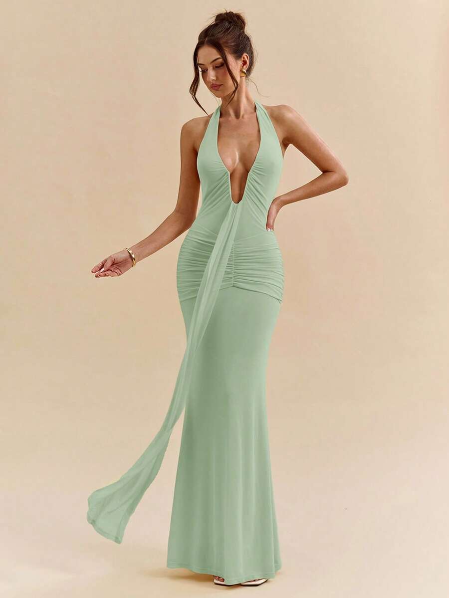 LUMÉA - Deep V Neck Halter Bodycon Maxi Dress Mint Green