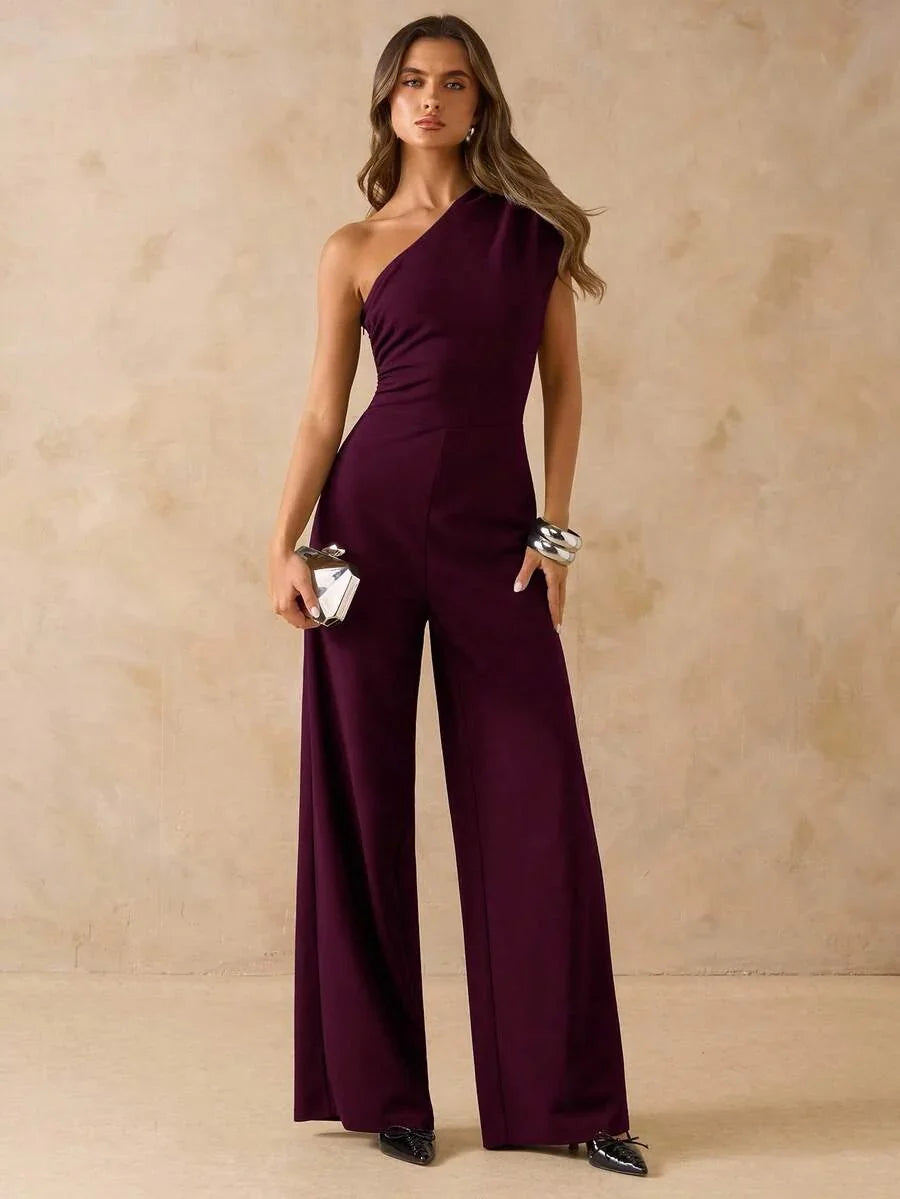NORI - Asymmetrical One Shoulder Wide Leg Jumpsuit maxi dress Maroon