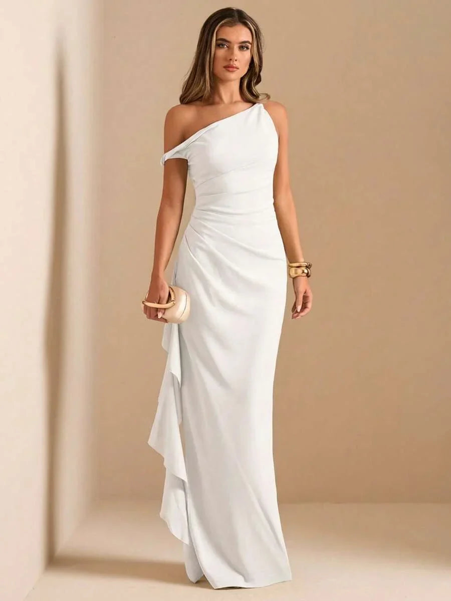 ROUELLE - One Shoulder Ruched Maxi Dress White