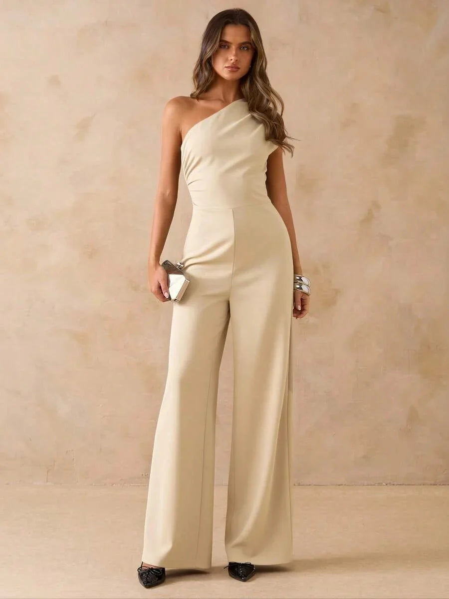 NORI - Asymmetrical One Shoulder Wide Leg Jumpsuit maxi dress Apricot