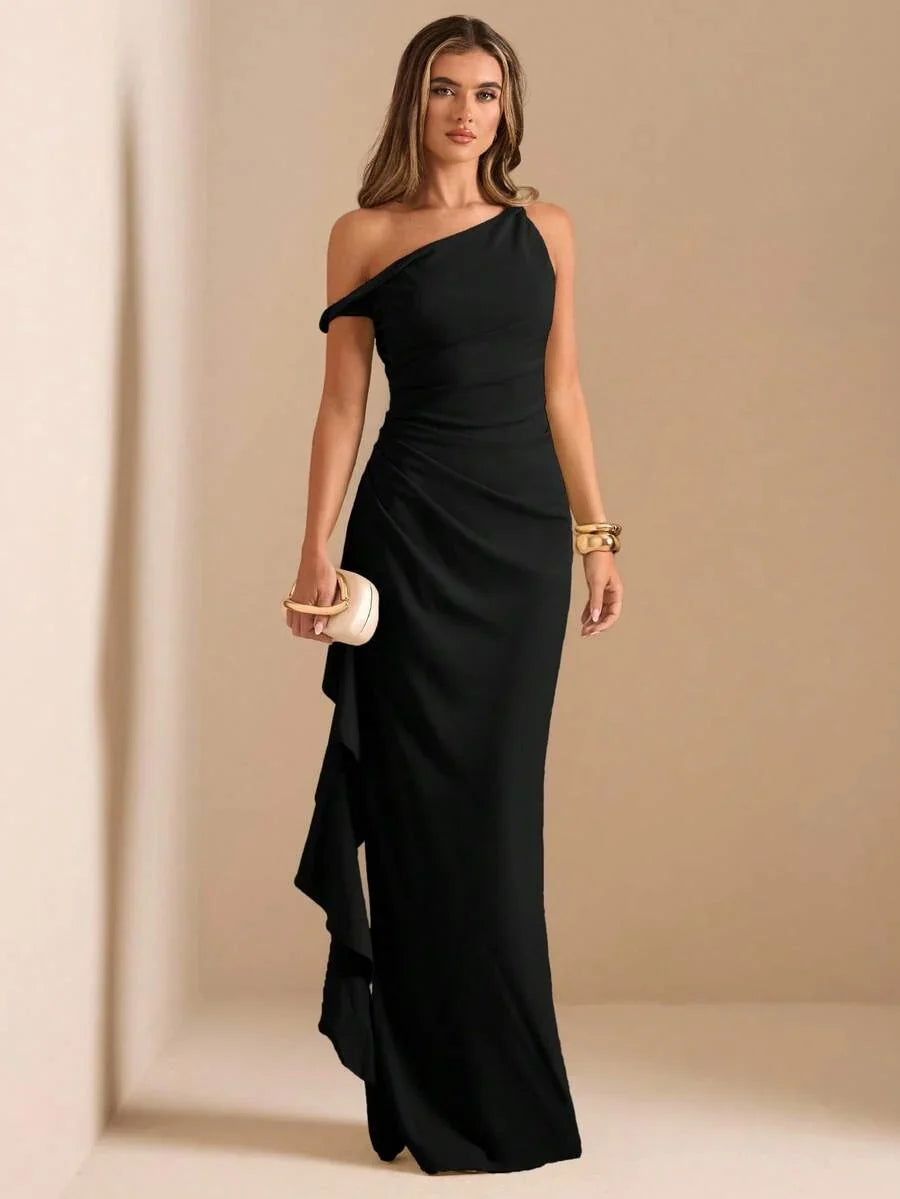 ROUELLE - One Shoulder Ruched Maxi Dress Black