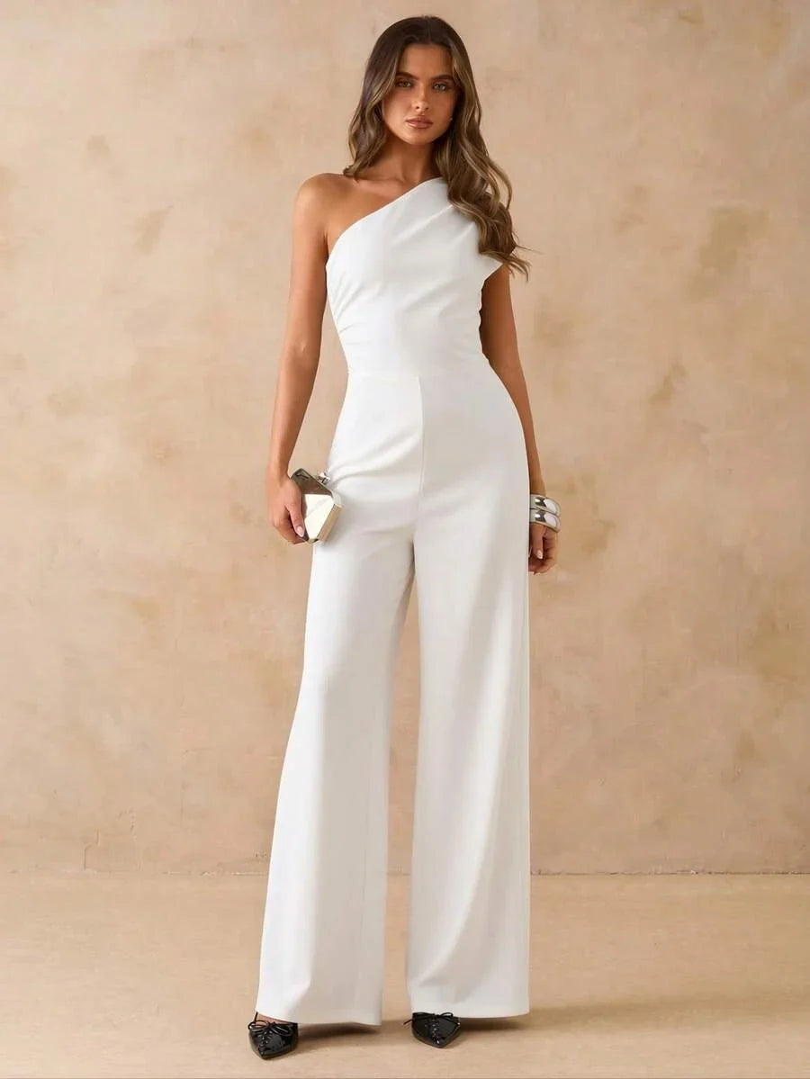 NORI - Asymmetrical One Shoulder Wide Leg Jumpsuit maxi dress White