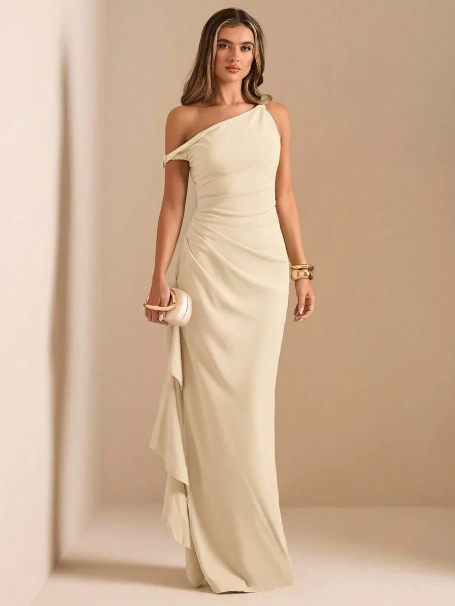ROUELLE - One Shoulder Ruched Maxi Dress Apricot
