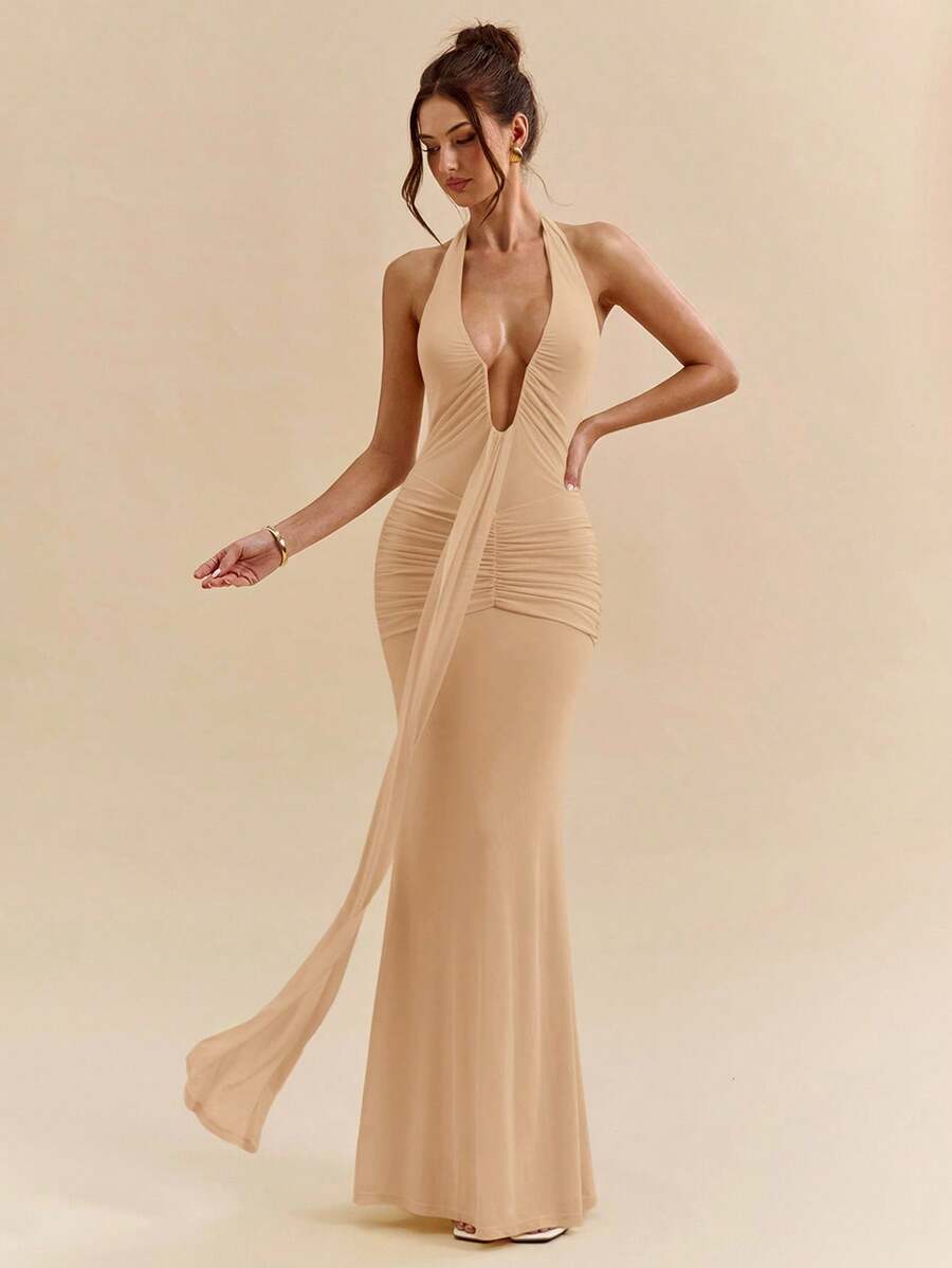 LUMÉA - Deep V Neck Halter Bodycon Maxi Dress Khaki