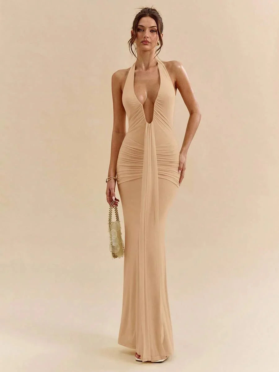 LUMÉA - Deep V Neck Halter Bodycon Maxi Dress