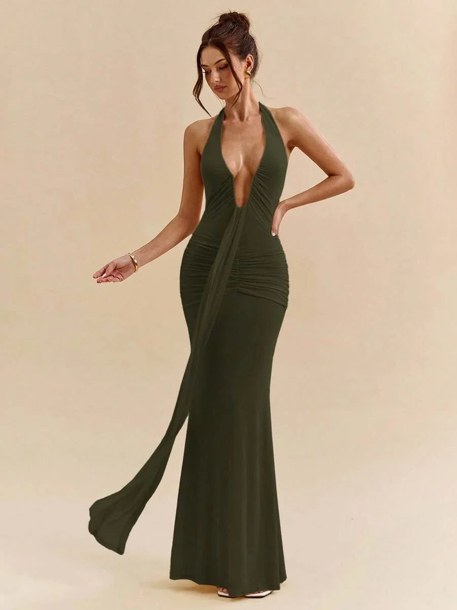 LUMÉA - Deep V Neck Halter Bodycon Maxi Dress Army Green