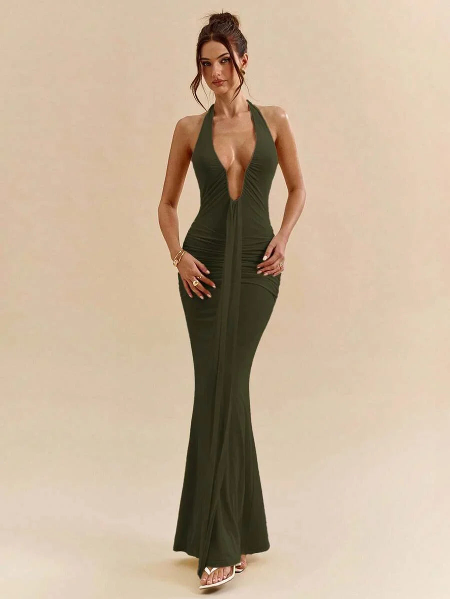 LUMÉA - Deep V Neck Halter Bodycon Maxi Dress