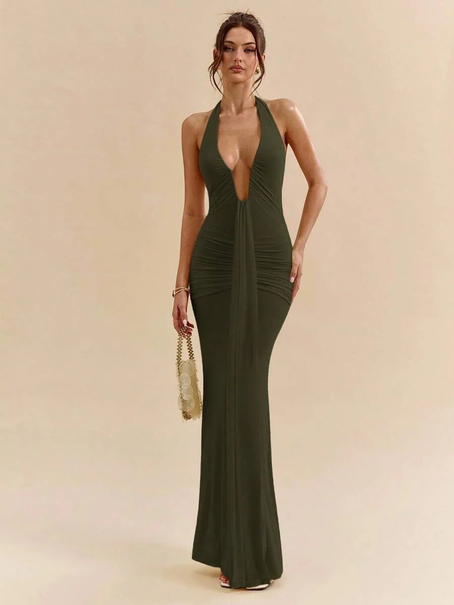 LUMÉA - Deep V Neck Halter Bodycon Maxi Dress