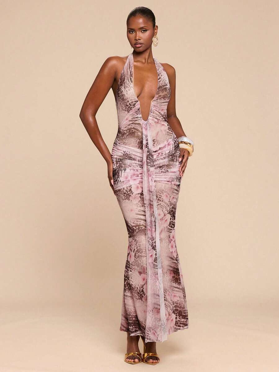 LUMÉA - Deep V Neck Halter Bodycon Maxi Dress Multicolor