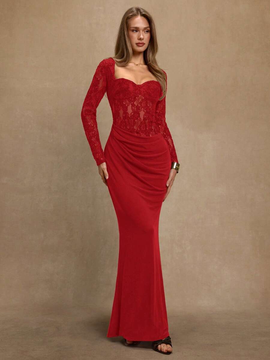 NOIRÉ LACE – Elegant Lace Bodycon Maxi Dress Red