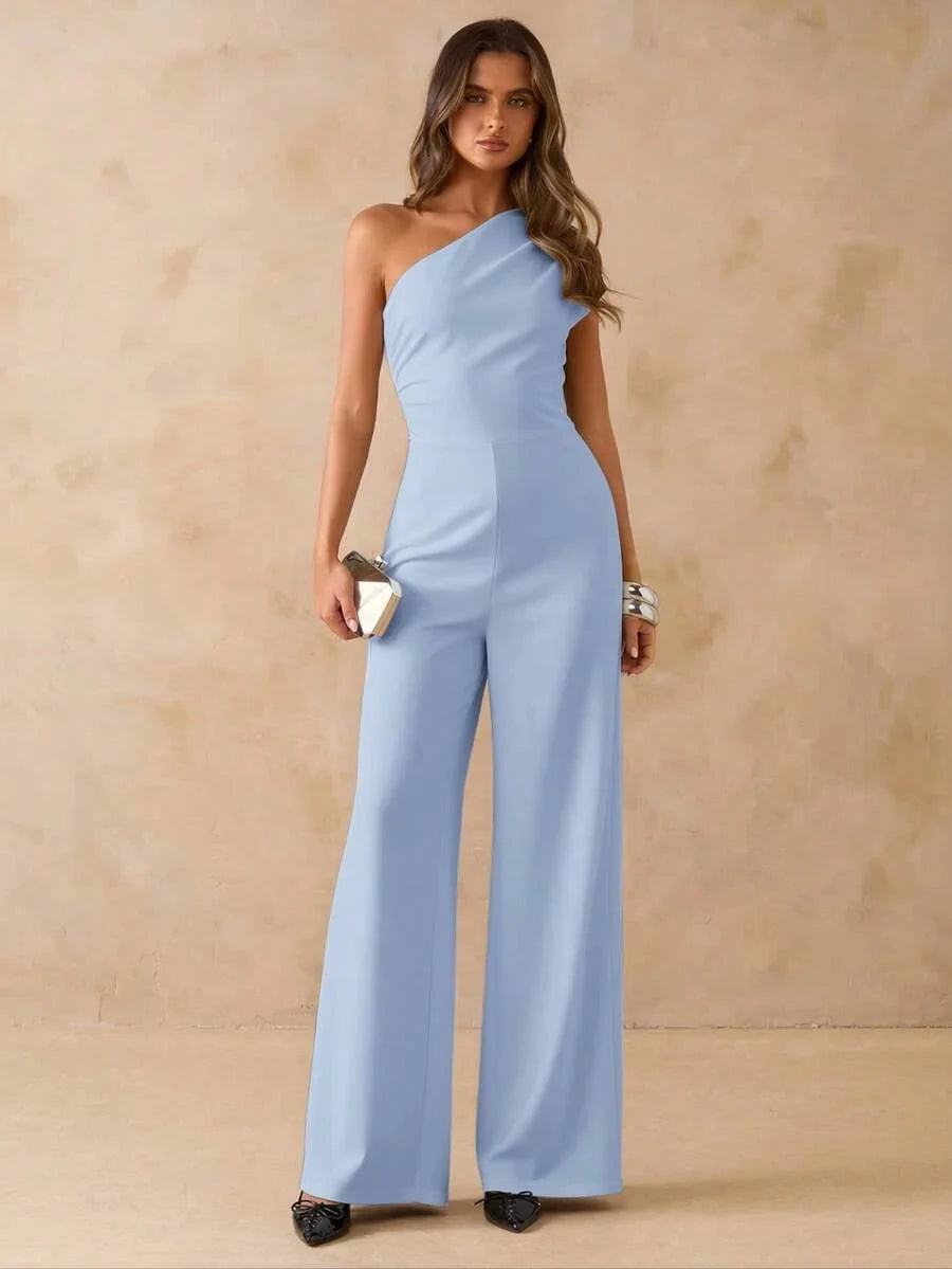 NORI - Asymmetrical One Shoulder Wide Leg Jumpsuit maxi dress Baby Blue