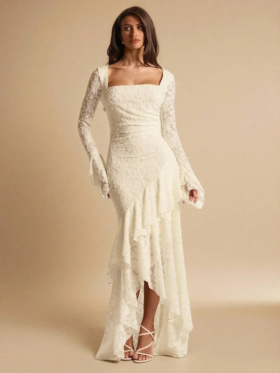 ÉCLORA - Square Neck Ruffle Trim Maxi Dress