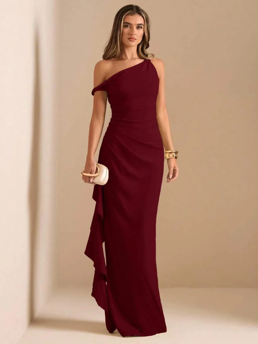 ROUELLE - One Shoulder Ruched Maxi Dress Burgundy