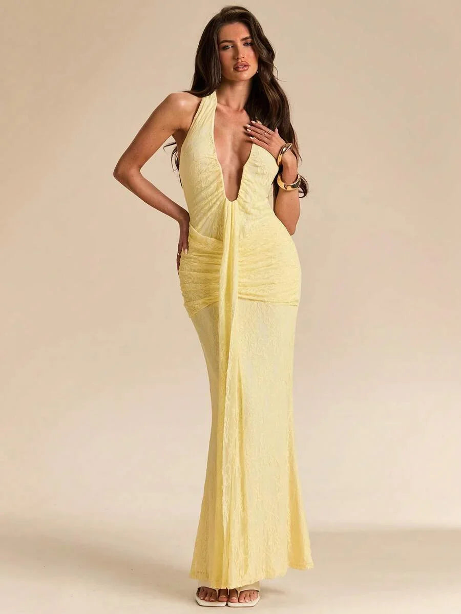 LUMÉA - Deep V Neck Halter Bodycon Maxi Dress