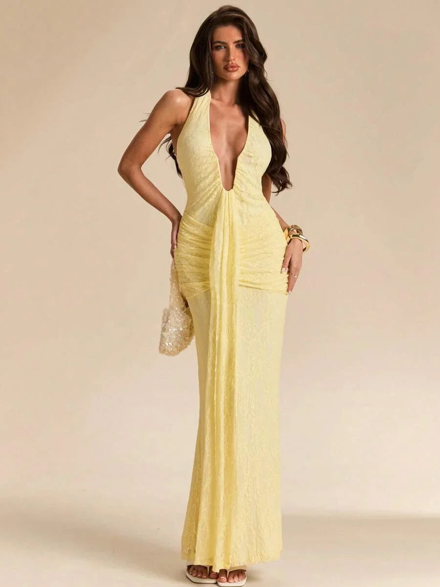 LUMÉA - Deep V Neck Halter Bodycon Maxi Dress