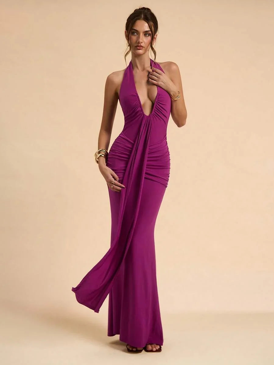 LUMÉA - Deep V Neck Halter Bodycon Maxi Dress Hot Pink
