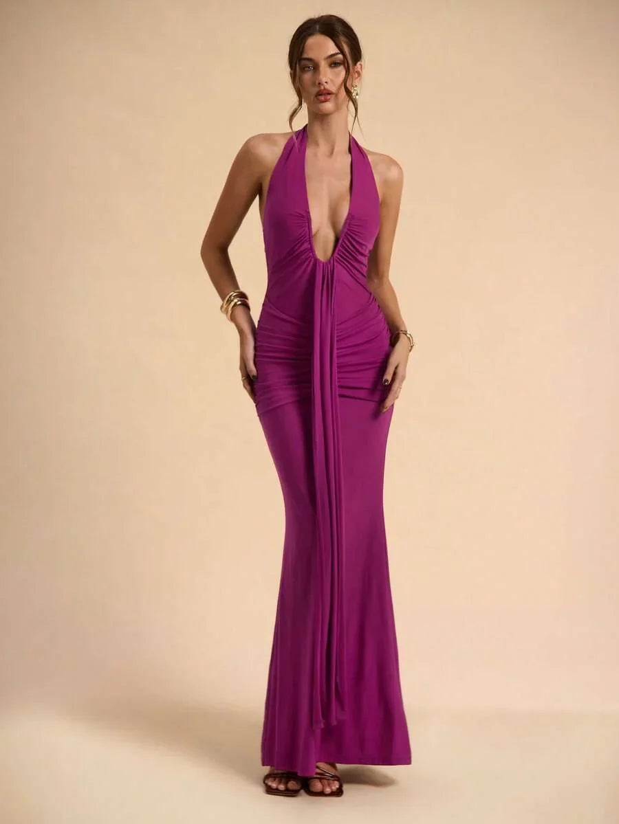 LUMÉA - Deep V Neck Halter Bodycon Maxi Dress