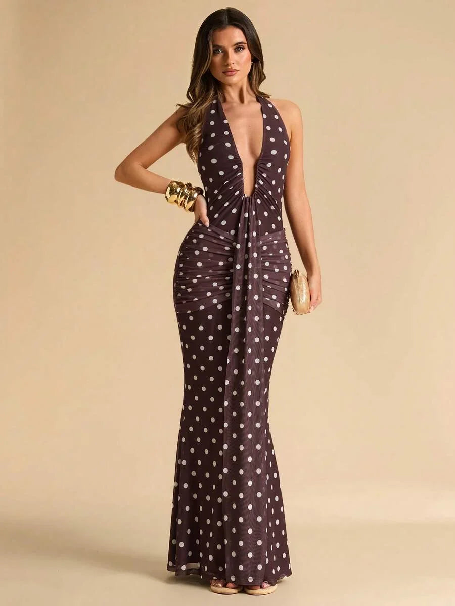 LUMÉA - Deep V Neck Halter Bodycon Maxi Dress Brown