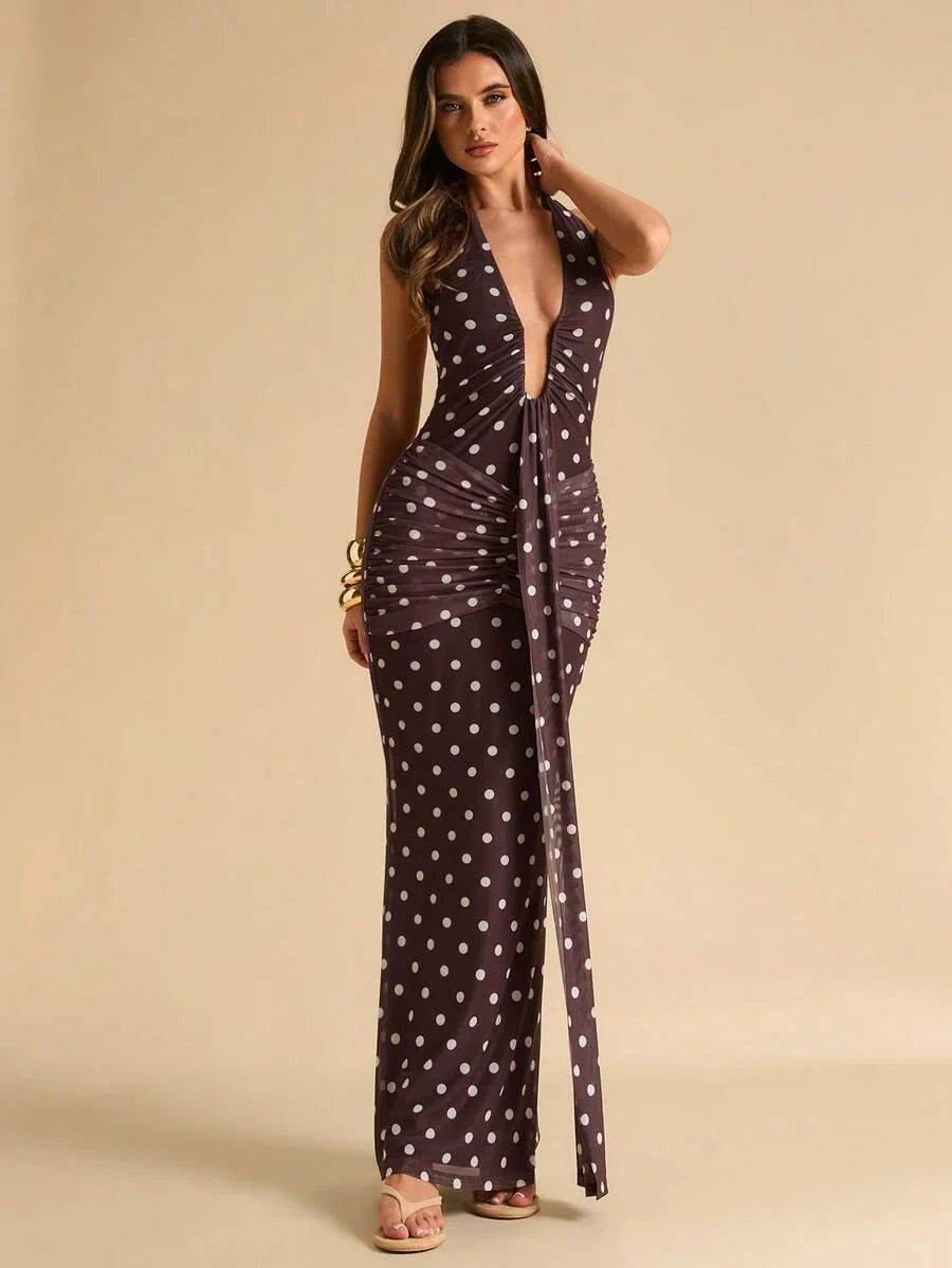 LUMÉA - Deep V Neck Halter Bodycon Maxi Dress