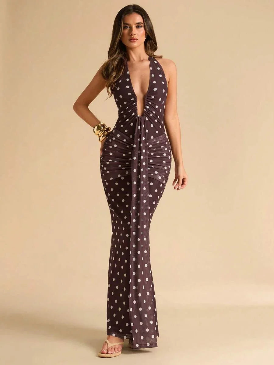LUMÉA - Deep V Neck Halter Bodycon Maxi Dress