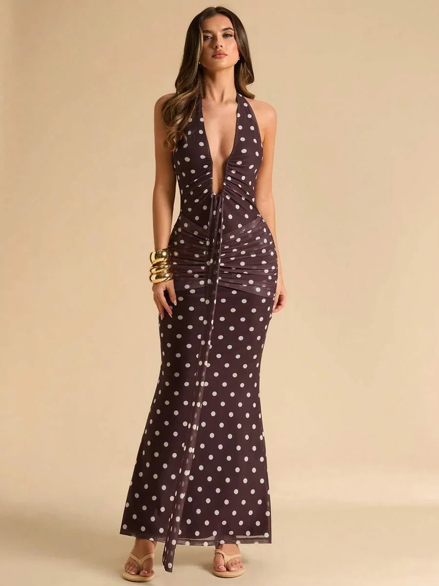 LUMÉA - Deep V Neck Halter Bodycon Maxi Dress