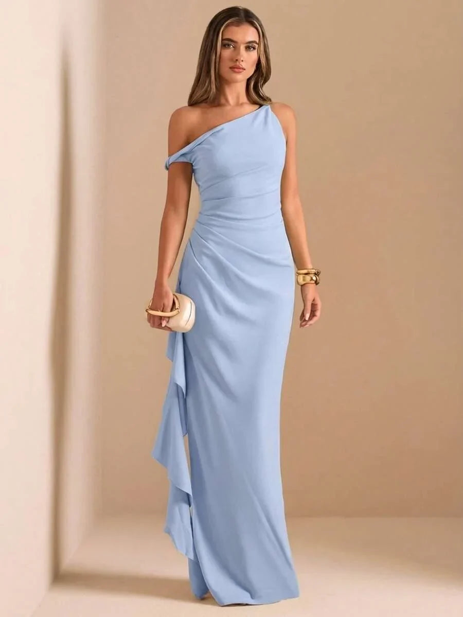 ROUELLE - One Shoulder Ruched Maxi Dress Baby Blue