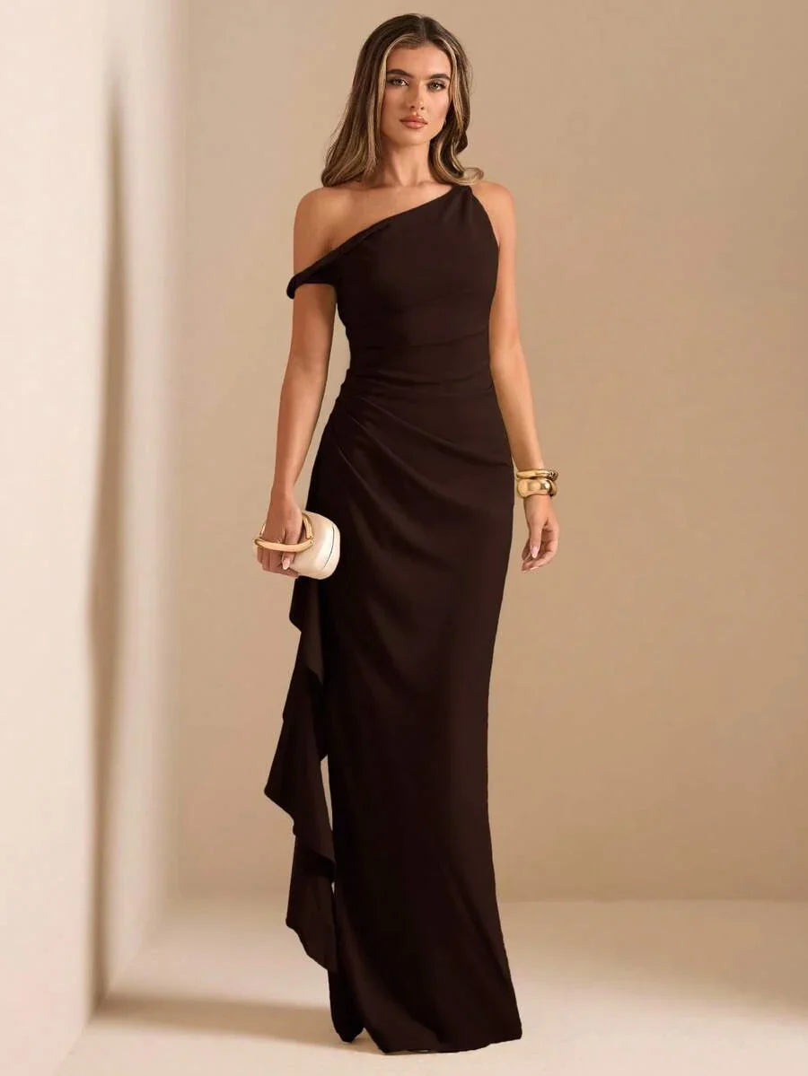 ROUELLE - One Shoulder Ruched Maxi Dress Coffee Brown