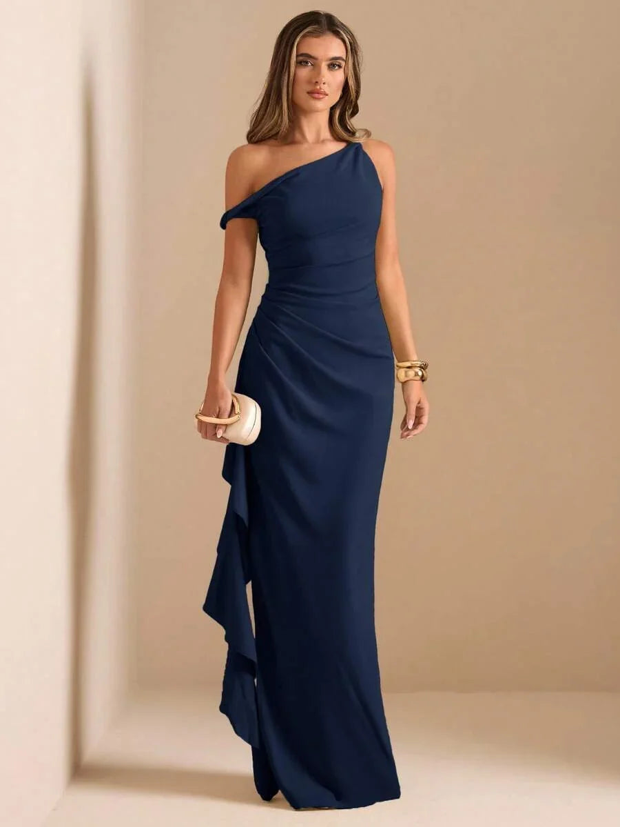 ROUELLE - One Shoulder Ruched Maxi Dress Navy Blue