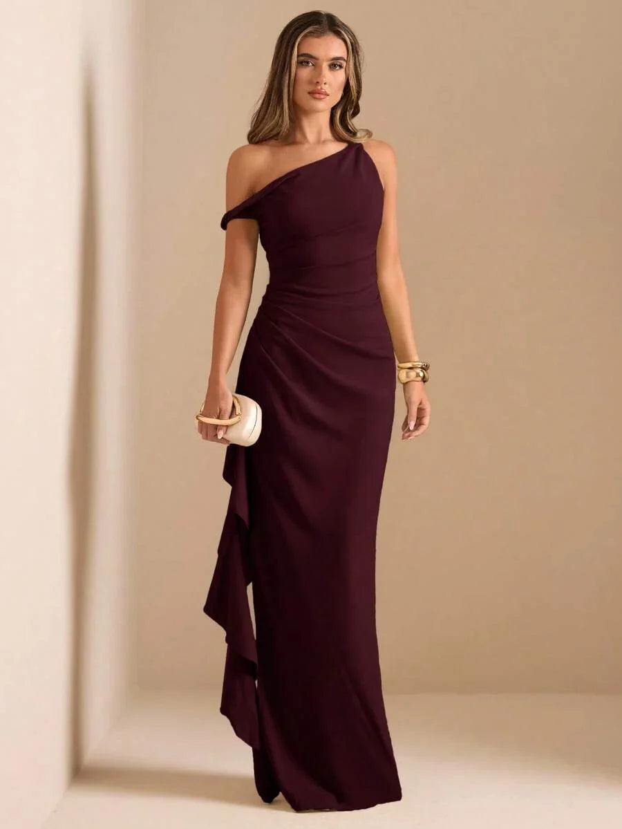 ROUELLE - One Shoulder Ruched Maxi Dress Maroon