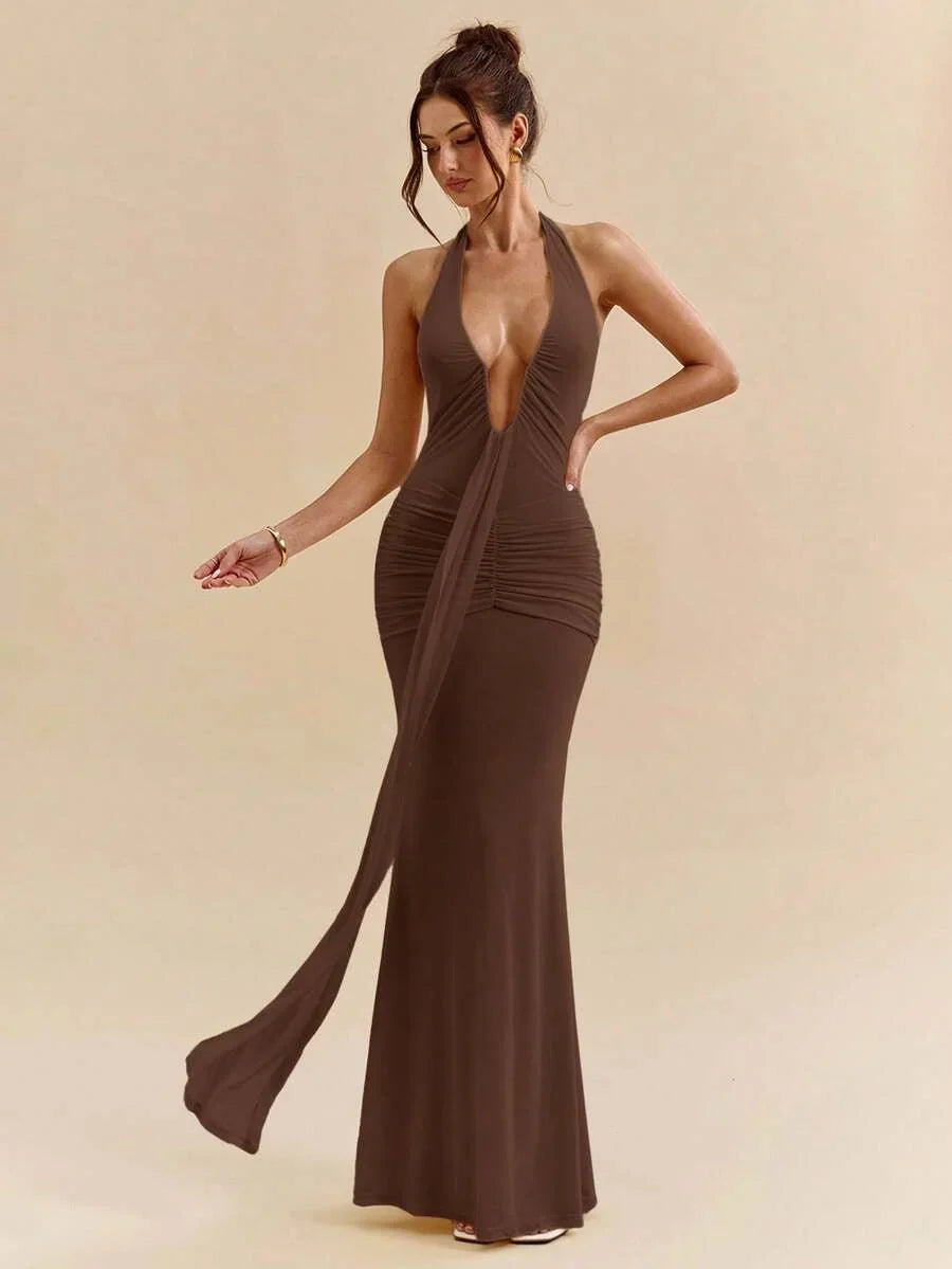 LUMÉA - Deep V Neck Halter Bodycon Maxi Dress Brown_1