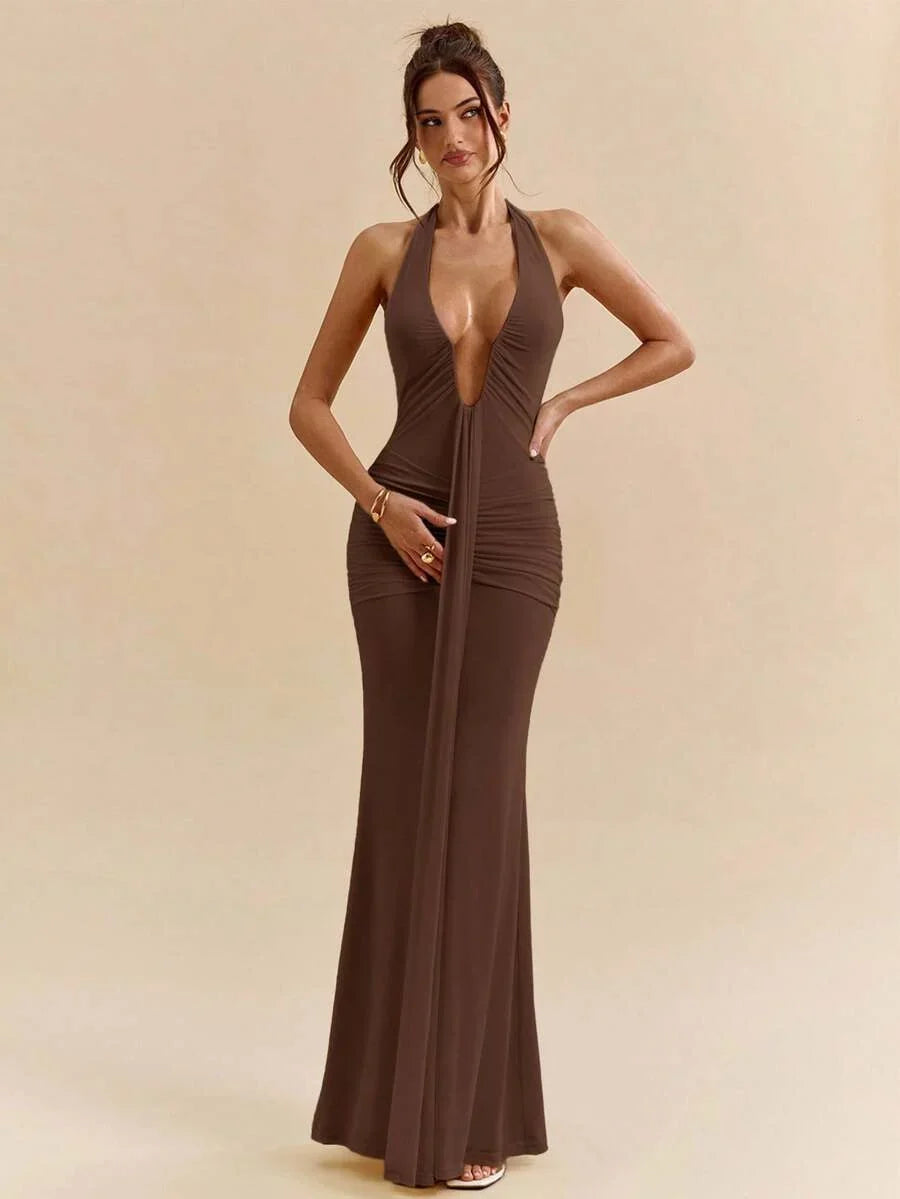 LUMÉA - Deep V Neck Halter Bodycon Maxi Dress