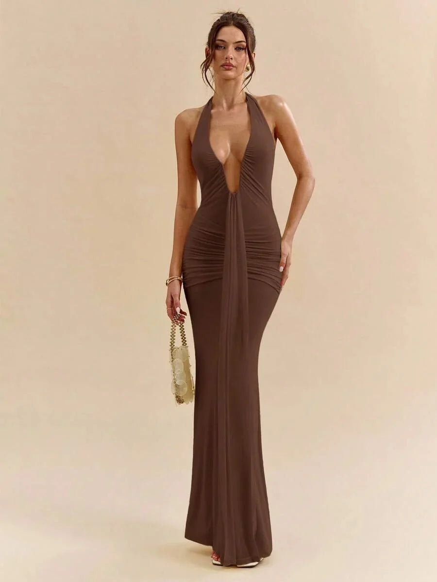 LUMÉA - Deep V Neck Halter Bodycon Maxi Dress